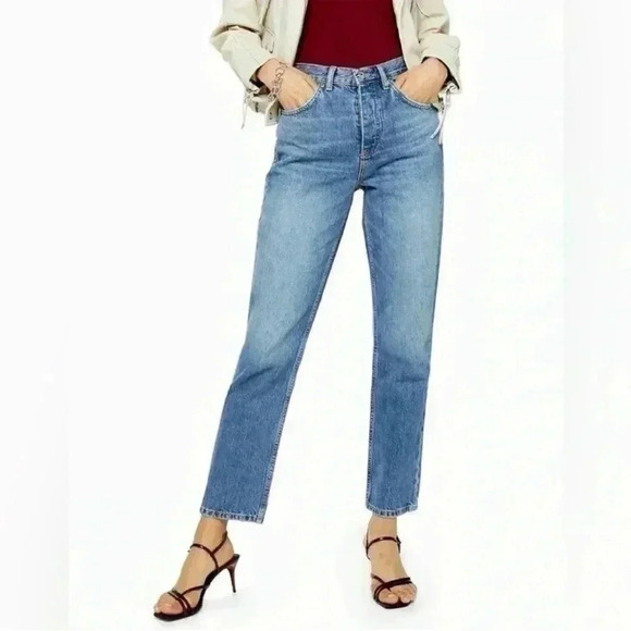 Topshop Editor Jeans High  Rise Straight Leg Denim Cropped Button Fly Blue 26 - Picture 1 of 16